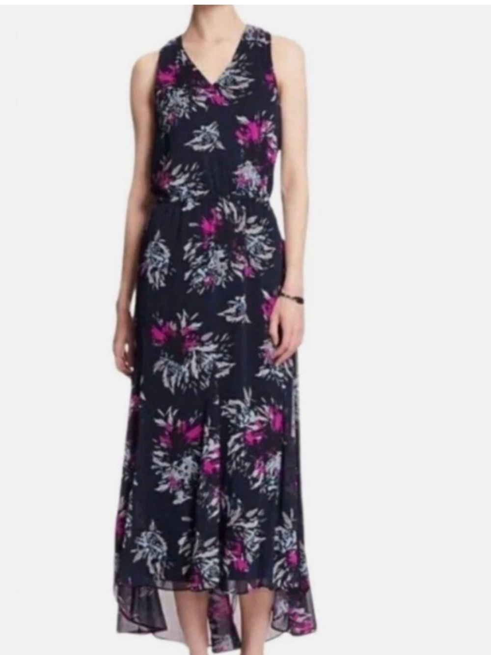 Banana Republic sleeveless navy floral maxi V-neck dress and a high-low hem Sz 0